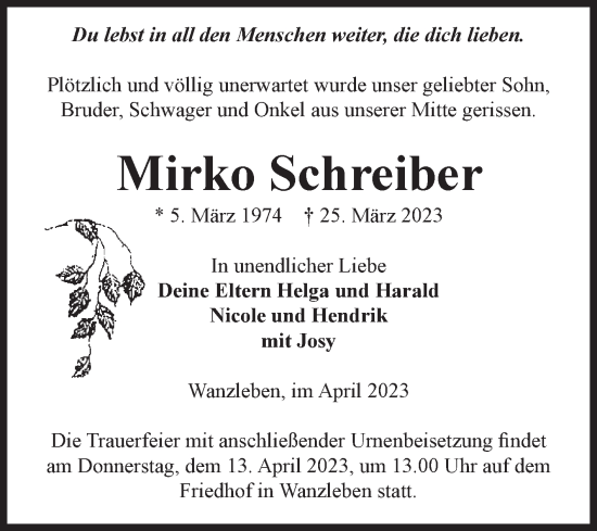 Traueranzeige von Mirko Schreiber von Volksstimme Oschersleben/Wanzleben