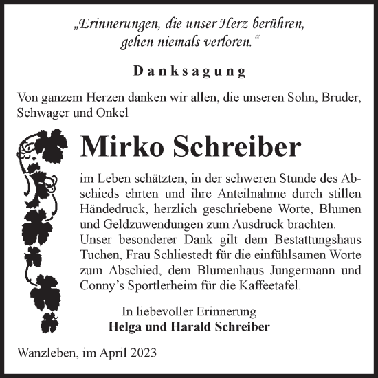 Traueranzeige von Mirko Schreiber von Volksstimme Oschersleben/Wanzleben