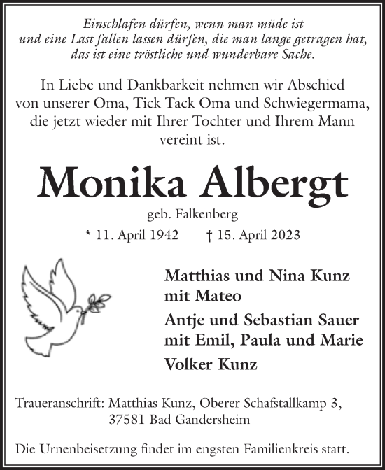 Traueranzeige von Monika Albergt von Mitteldeutsche Zeitung Dessau-Roßlau