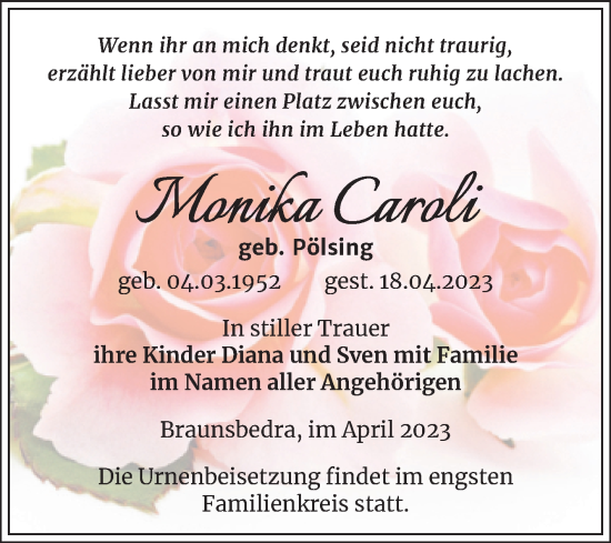 Traueranzeige von Monika Caroli von Trauerkombi Merseburg