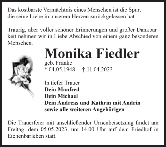 Traueranzeige von Monika Fiedler von Volksstimme Haldensleben/Wolmirstedt