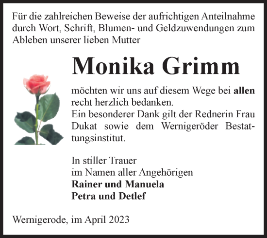 Traueranzeige von Monika Grimm von Volksstimme Wernigerode