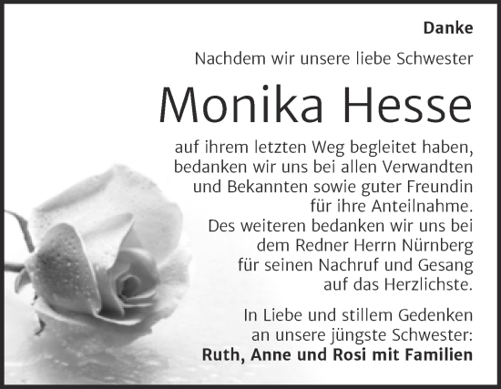 Traueranzeige von Monika Hesse von Trauerkombi Mansfelder Land
