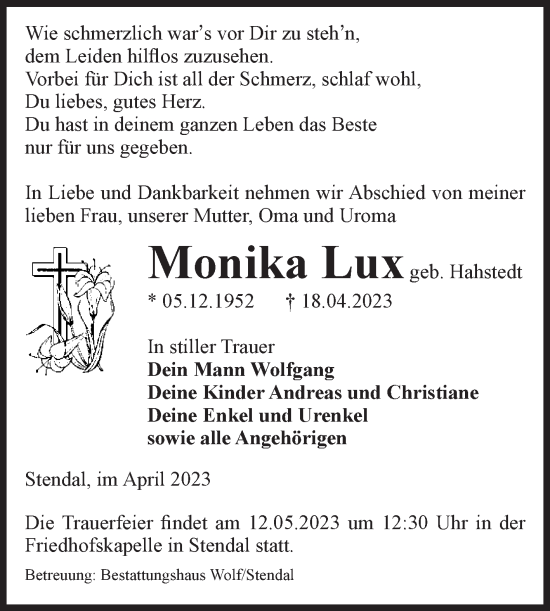 Traueranzeige von Monika Lux von Volksstimme Altmark Ost