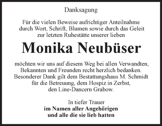 Traueranzeige von Monika Neubüser von Volksstimme Burg/Genthin