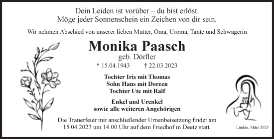 Traueranzeige von Monika Paasch von Volksstimme Zerbst