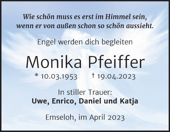 Traueranzeige von Monika Pfeiffer von Trauerkombi Sangerhausen