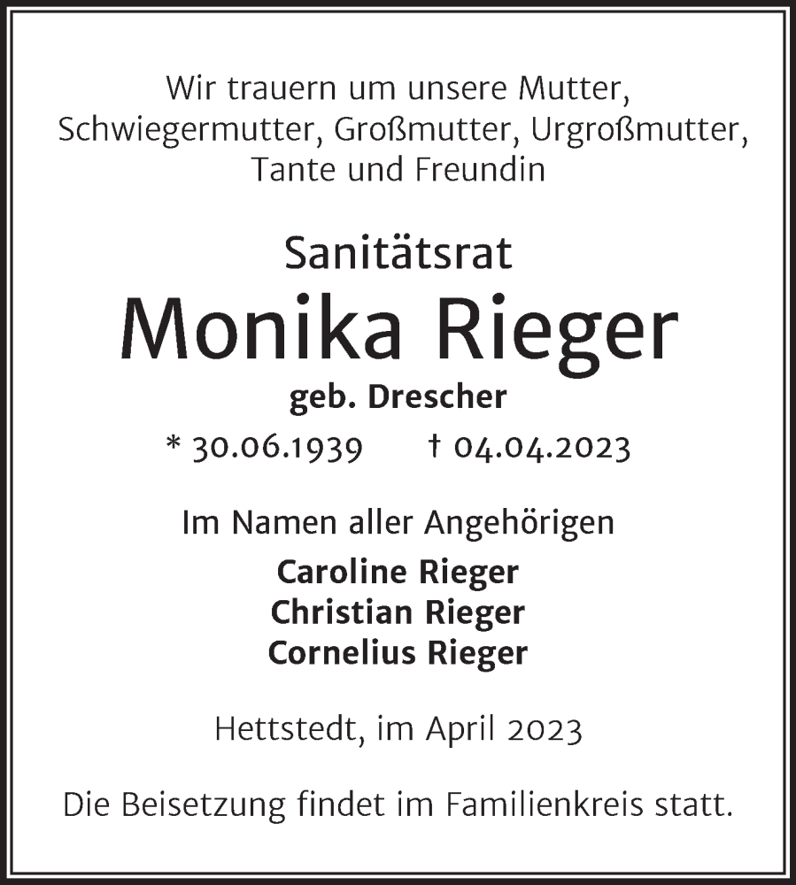  Traueranzeige für Monika Rieger vom 15.04.2023 aus Trauerkombi Mansfelder Land