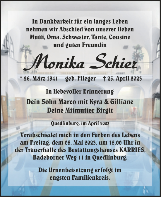 Traueranzeige von Monika Schier von Trauerkombi Quedlinburg