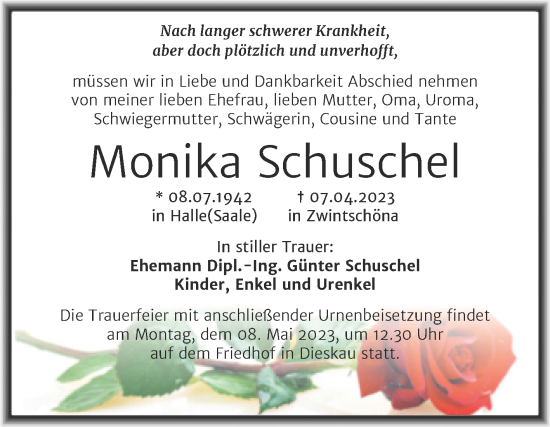 Traueranzeige von Monika Schuschel von Mitteldeutsche Zeitung Halle/Saalkreis