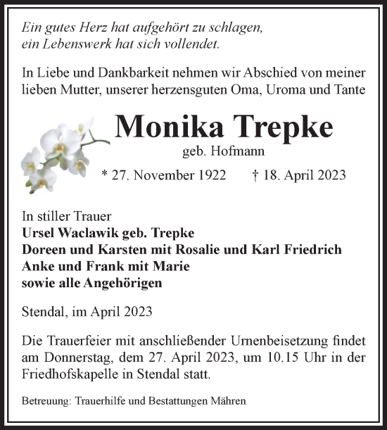 Traueranzeige von Monika Trepke von Volksstimme Altmark Ost