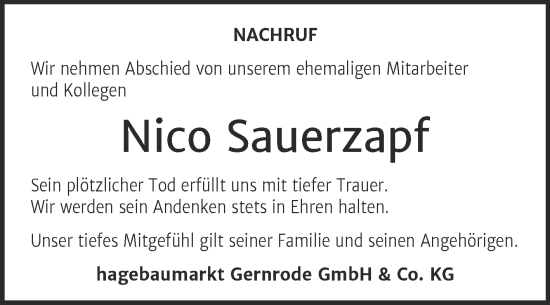 Traueranzeige von Nico Sauerzapf von Super Sonntag Quedlingburg