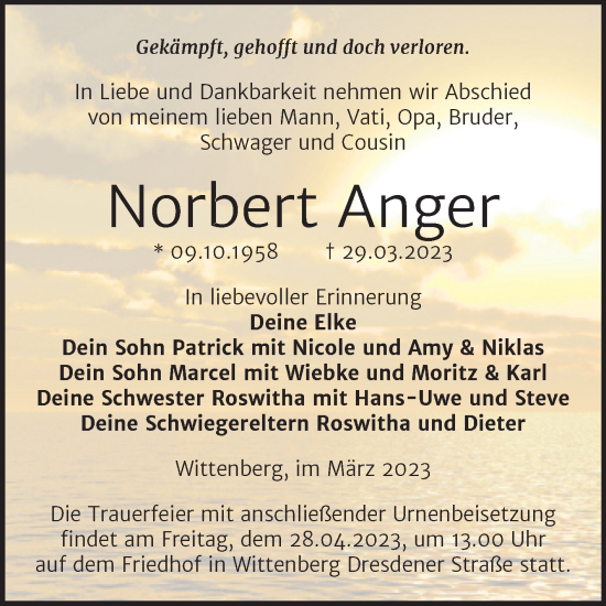 Traueranzeige von Norbert Anger von Trauerkombi Wittenberg