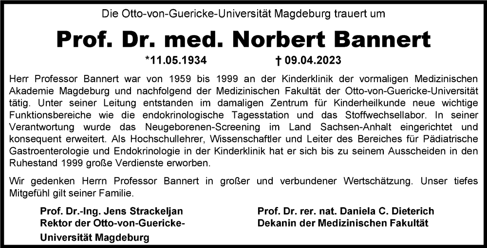  Traueranzeige für Norbert Bannert vom 15.04.2023 aus Volksstimme Magdeburg