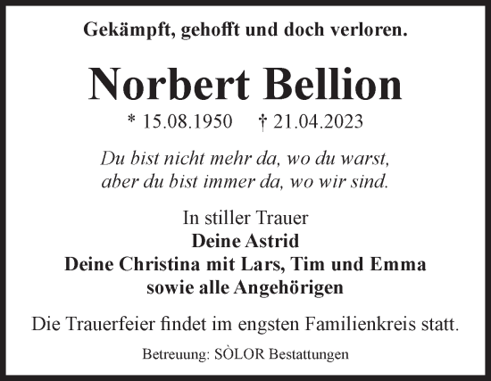 Traueranzeige von Norbert Bellion von Volksstimme Magdeburg