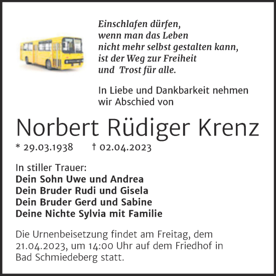 Traueranzeige von Norbert Rüdiger Krenz von Trauerkombi Wittenberg