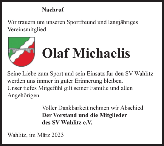 Traueranzeige von Olaf Michaelis von Volksstimme Burg/Genthin