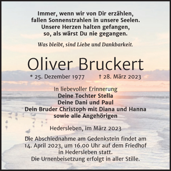 Traueranzeige von Oliver Bruckert von Trauerkombi Quedlinburg