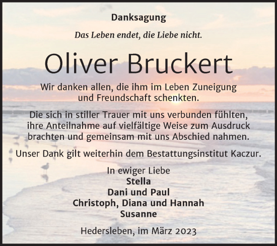 Traueranzeige von Oliver Bruckert von Trauerkombi Quedlinburg