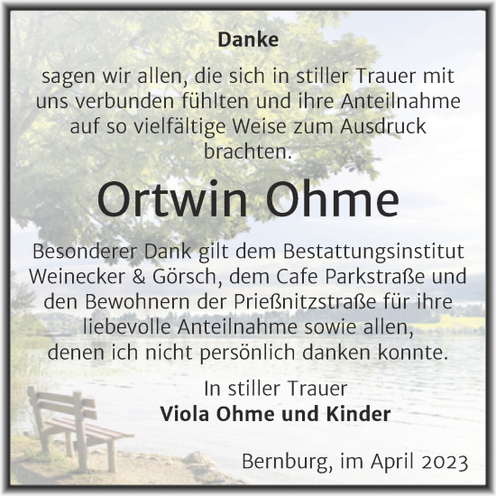 Traueranzeige von Ortwin Ohme von Trauerkombi Bernburg