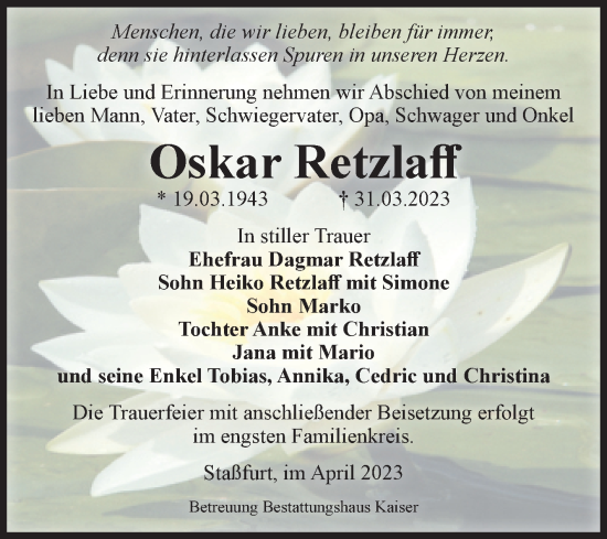 Traueranzeige von Oskar Retzlaff von Volksstimme Staßfurt