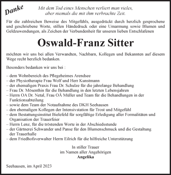 Traueranzeige von Oswald-Franz Sitter von Volksstimme Altmark Ost