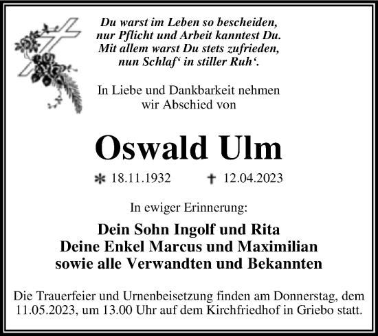 Traueranzeige von Oswald Ulm von Trauerkombi Wittenberg