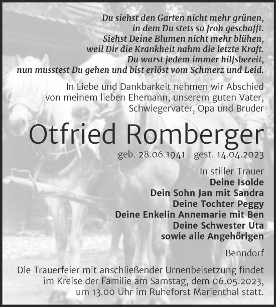 Traueranzeige von Otfried Romberger von Wochenspiegel Naumburg/Nebra