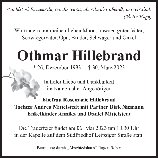 Traueranzeige von Othmar Hillebrand von Volksstimme Magdeburg