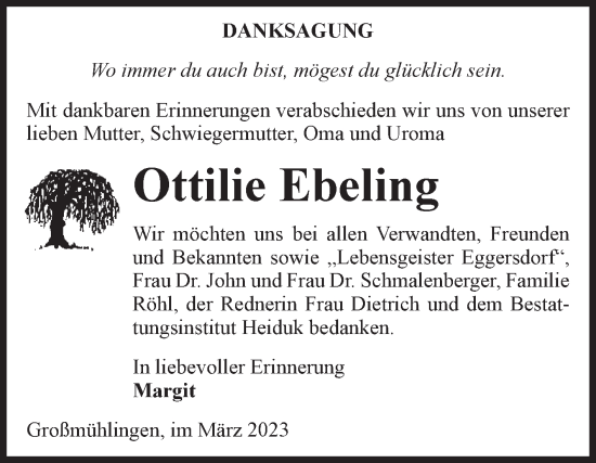 Traueranzeige von Ottilie Ebeling von Volksstimme Schönebeck