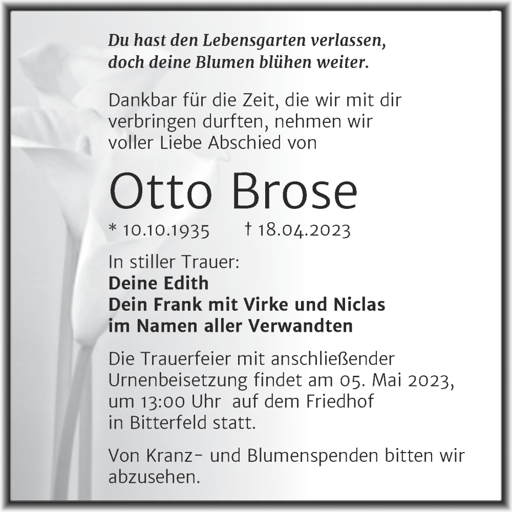  Traueranzeige für Otto Brose vom 29.04.2023 aus Trauerkombi Bitterfeld