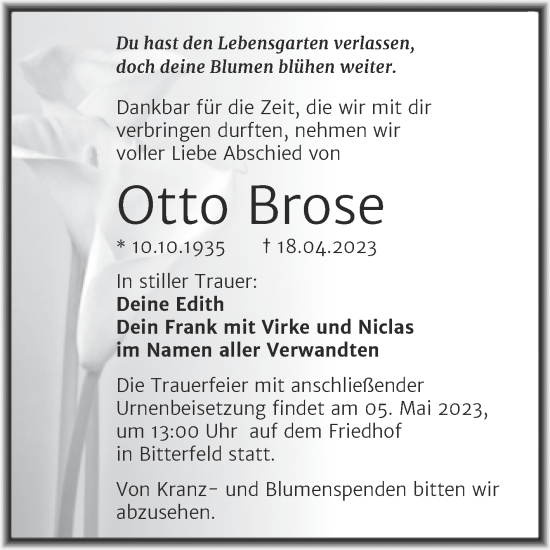 Traueranzeige von Otto Brose von Trauerkombi Bitterfeld