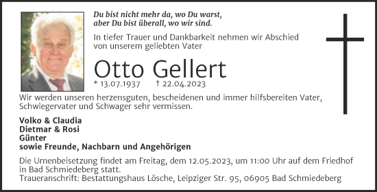 Traueranzeige von Otto Gellert von Trauerkombi Wittenberg