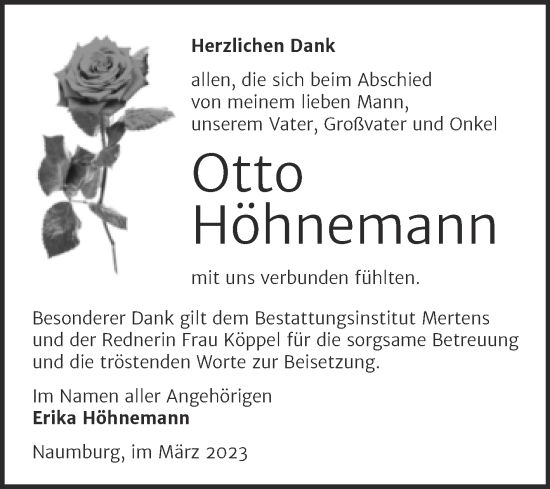 Traueranzeige von Otto Höhnemann von Naumburger Tageblatt