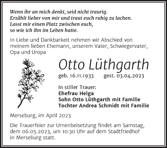Traueranzeige von Otto Lüthgarth von Trauerkombi Merseburg