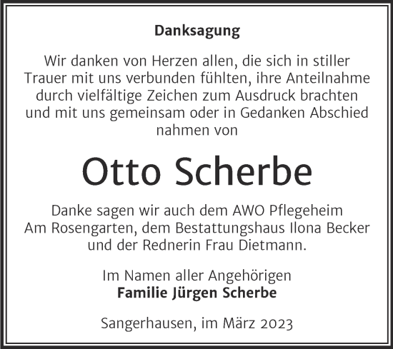 Traueranzeige von Otto Scherbe von Trauerkombi Sangerhausen