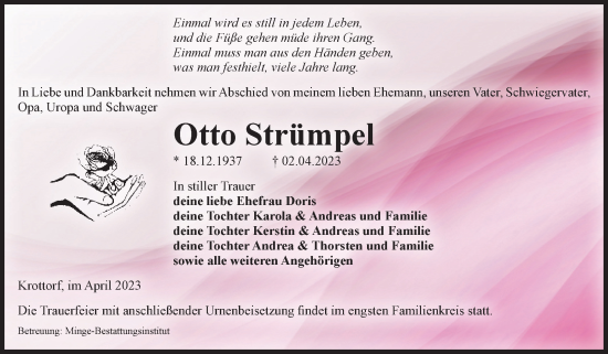 Traueranzeige von Otto Strümpel von Volksstimme Oschersleben/Wanzleben