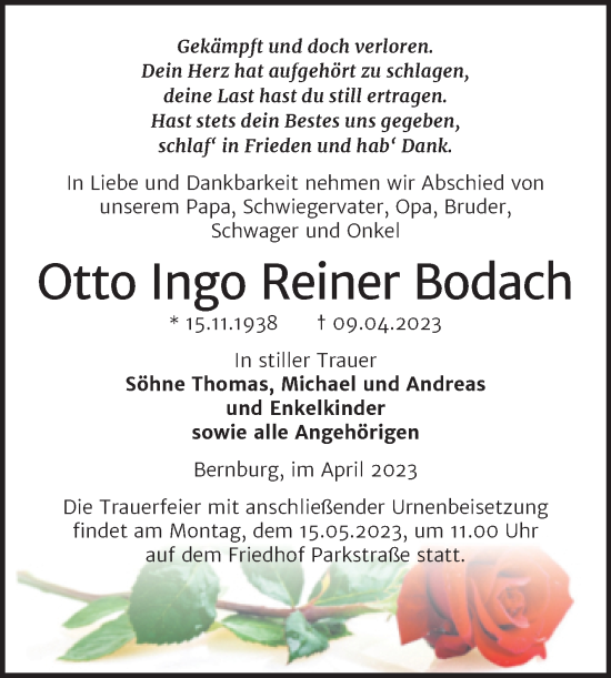 Traueranzeige von Otto Ingo Reiner Bodach von Trauerkombi Bernburg