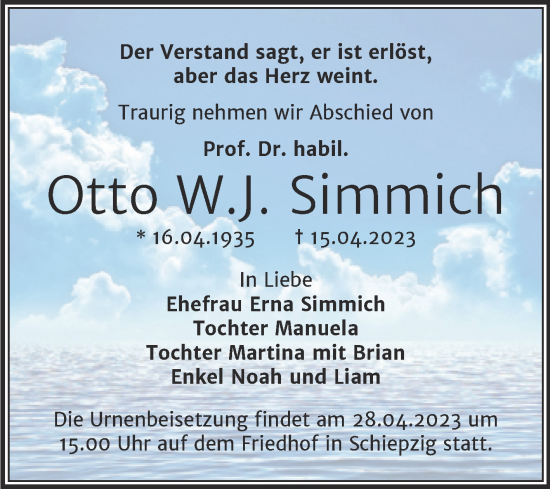 Traueranzeige von Otto W. J. Simmich von Mitteldeutsche Zeitung Halle/Saalkreis