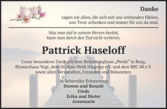 Traueranzeige von Pattrick Haseloff von Volksstimme Burg/Genthin