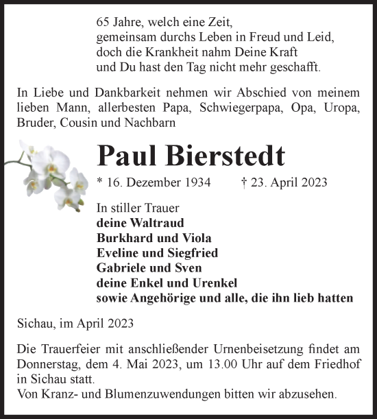 Traueranzeige von Paul Bierstedt von Volksstimme Altmark West