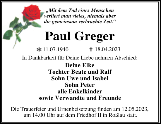 Traueranzeige von Paul Greger von Trauerkombi Dessau
