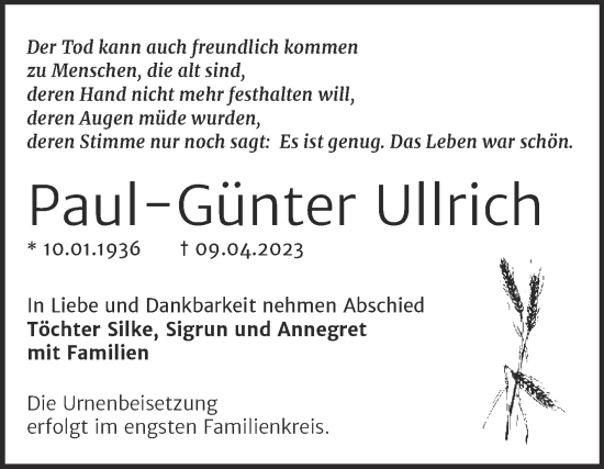 Traueranzeige von Paul-Günter Ullrich von Trauerkombi Bernburg