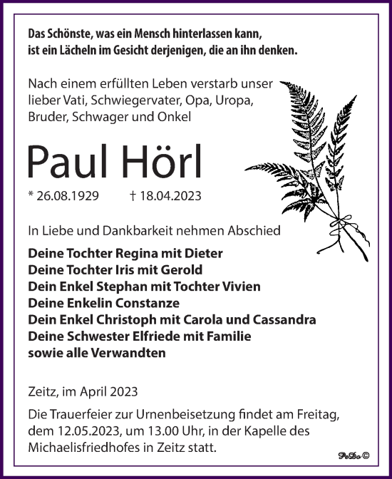 Traueranzeige von Paul Hörl von Trauerkombi Zeitz