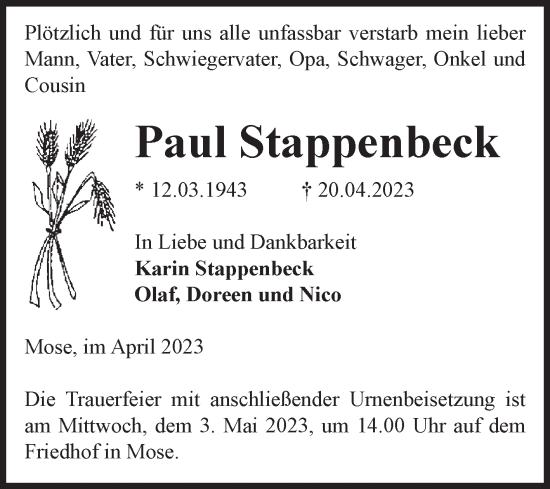 Traueranzeige von Paul Stappenbeck von Volksstimme Haldensleben/Wolmirstedt