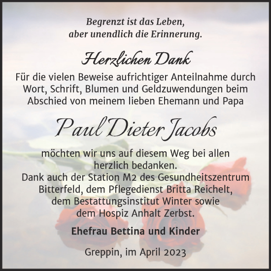 Traueranzeige von Paul Dieter Jacobs von Trauerkombi Bitterfeld