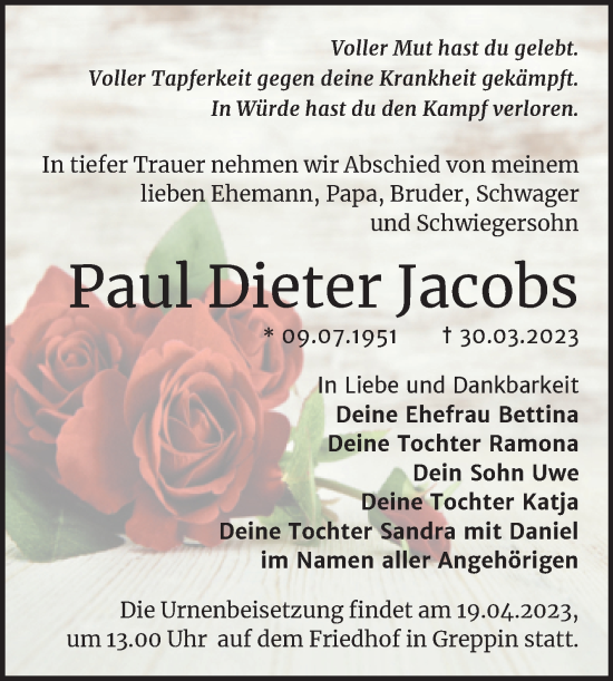 Traueranzeige von Paul Dieter Jacobs von Trauerkombi Bitterfeld