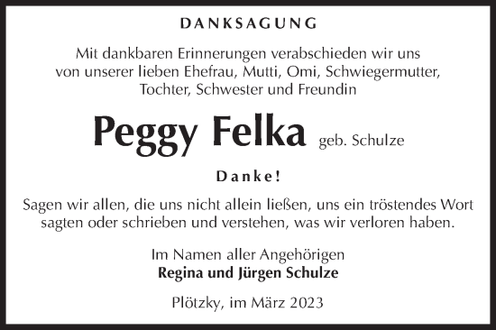 Traueranzeige von Peggy Felka von Volksstimme Schönebeck