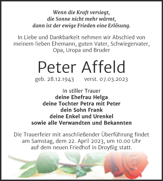 Traueranzeige von Peter Affeld von Trauerkombi Zeitz