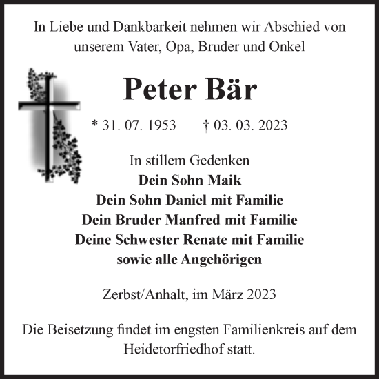 Traueranzeige von Peter Bär von Volksstimme Zerbst
